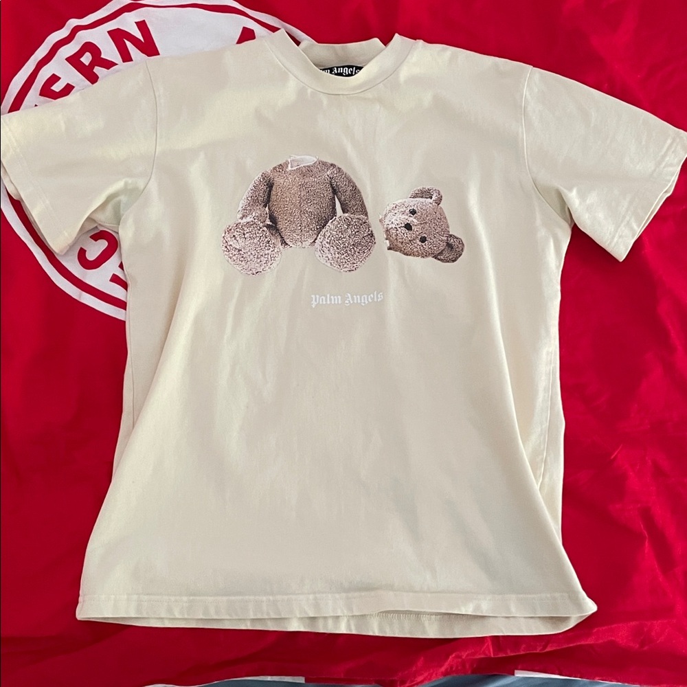 Palm Angels Beige T-Shirt with Bear Design